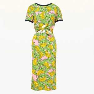 Banana Print Front Tie Midi Dress
